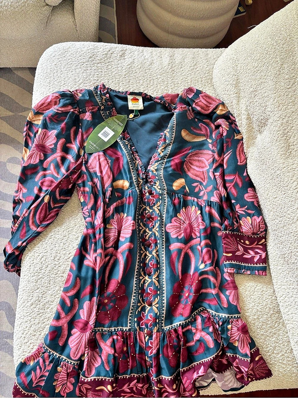 Farm Rio Seashell Tapestry Long Sleeve Mini Dress Blue & Pink Large